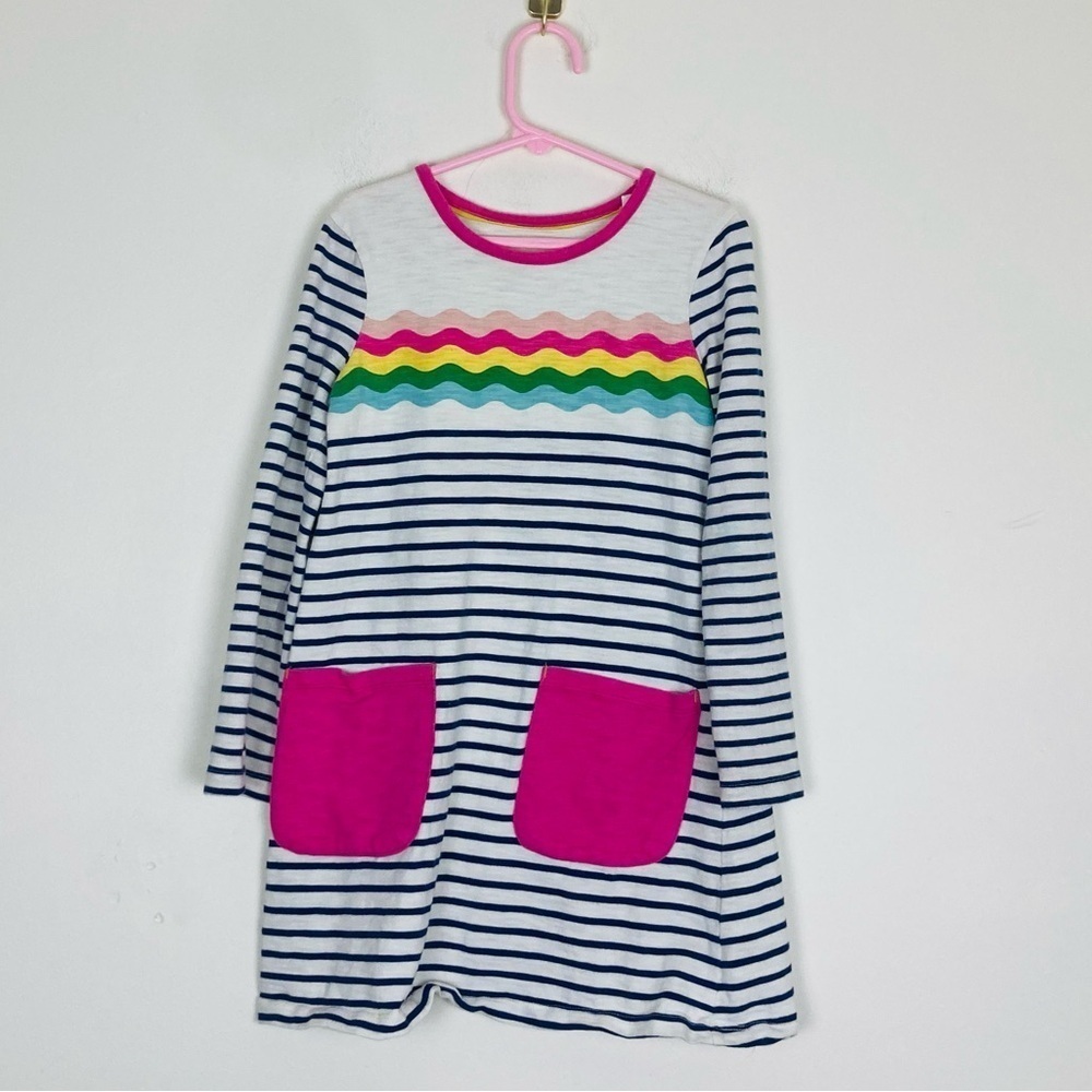 Mini Boden long sleeve blue, white, stripe dress with rainbow print detail. 7-8